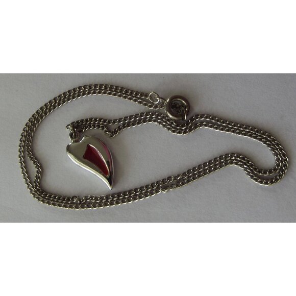 Heart Necklace Silver-tone Red Enamel 15" chain slated curved - Picture 3 of 7